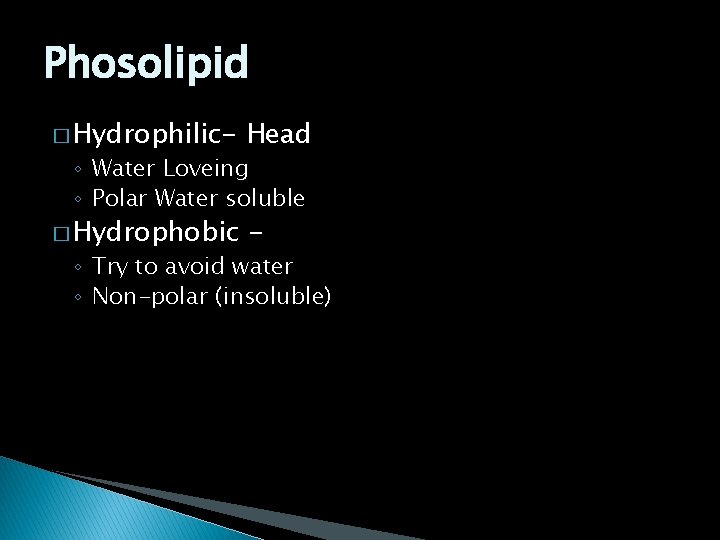 Phosolipid � Hydrophilic- Head � Hydrophobic - ◦ Water Loveing ◦ Polar Water soluble