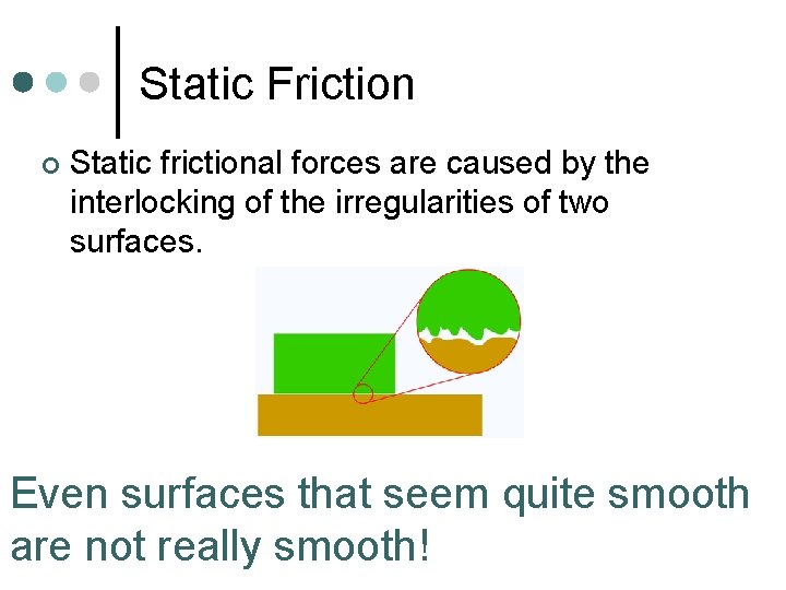 Static Friction ¢ Static frictional forces are caused by the interlocking of the irregularities