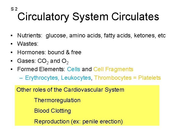 S 2 • • • Circulatory System Circulates Nutrients: glucose, amino acids, fatty acids,