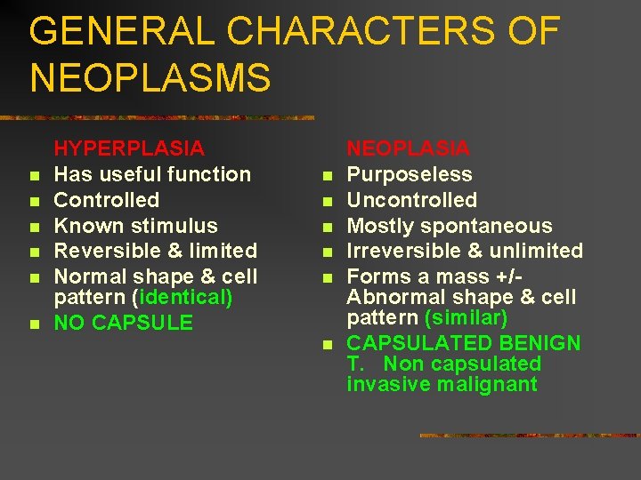 GENERAL CHARACTERS OF NEOPLASMS n n n HYPERPLASIA Has useful function Controlled Known stimulus