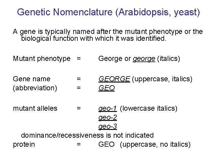 Genetic Nomenclature (Arabidopsis, yeast) A gene is typically named after the mutant phenotype or