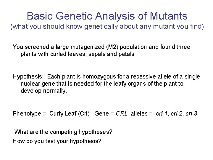 Basic Genetic Analysis of Mutants (what you should know genetically about any mutant you