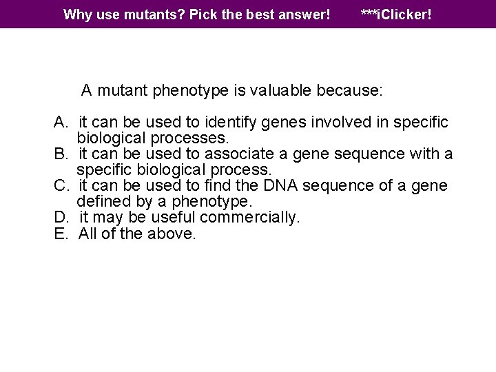 Why use mutants? Pick the best answer! ***i. Clicker! A mutant phenotype is valuable