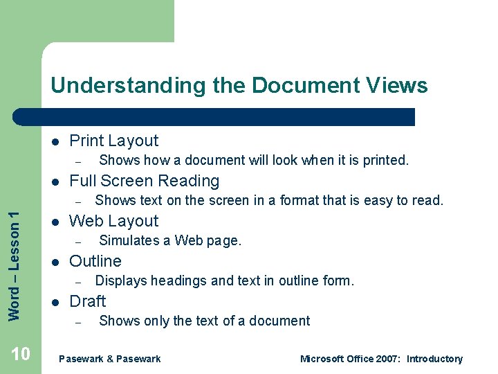 Understanding the Document Views l Print Layout – l Full Screen Reading Word –