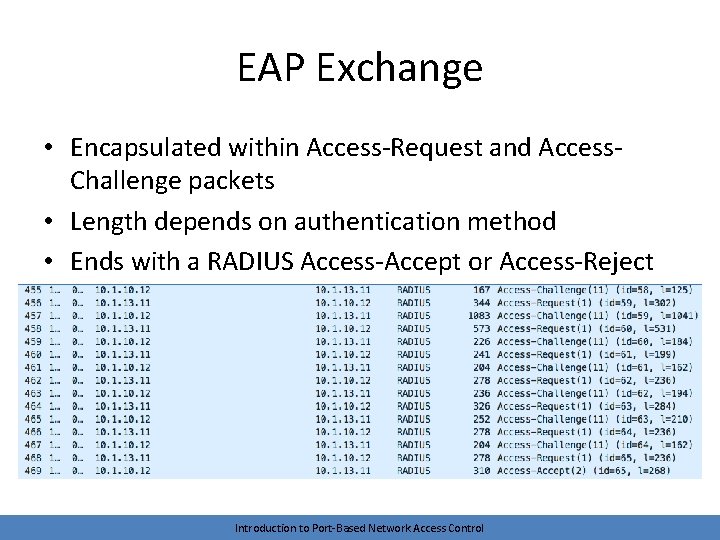 EAP Exchange • Encapsulated within Access-Request and Access. Challenge packets • Length depends on