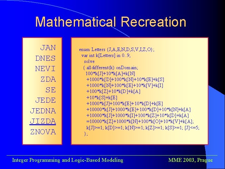 Mathematical Recreation JAN DNES NEVI ZDA SE JEDNA JIZDA ZNOVA enum Letters {J, A,