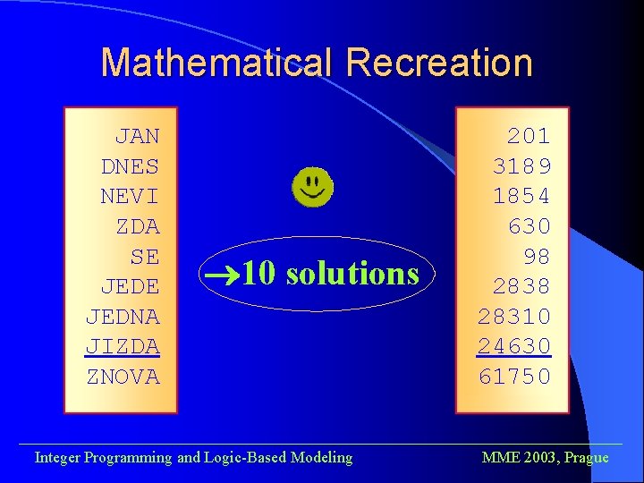 Mathematical Recreation JAN DNES NEVI ZDA SE JEDNA JIZDA ZNOVA 10 solutions 201 3189