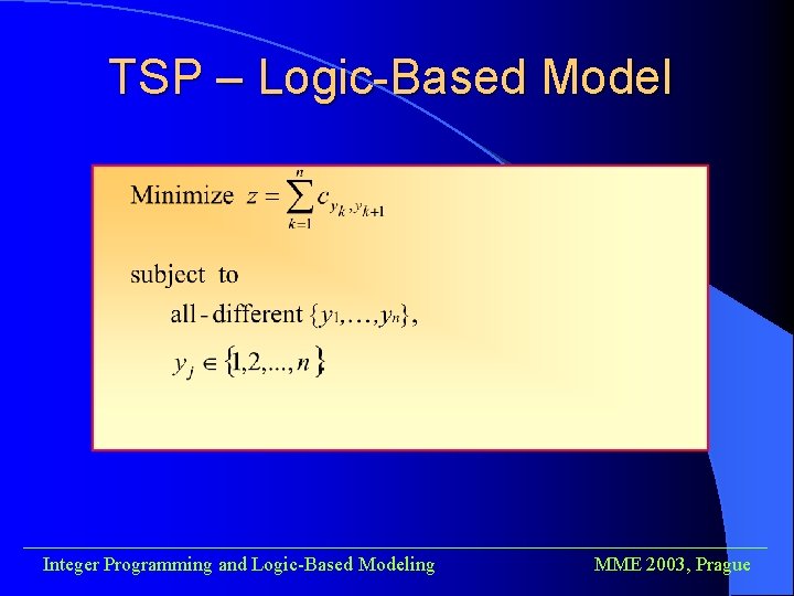 TSP – Logic-Based Model ______________________________________ Integer Programming and Logic-Based Modeling MME 2003, Prague 