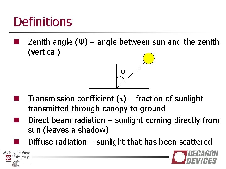 Definitions n Zenith angle (Ψ) – angle between sun and the zenith (vertical) Ψ