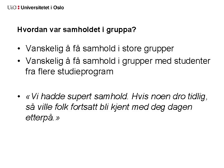 Hvordan var samholdet i gruppa? • Vanskelig å få samhold i store grupper •