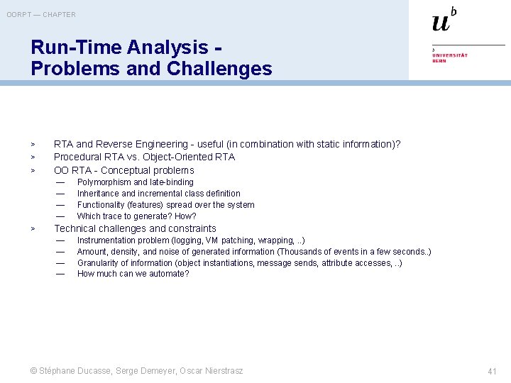 OORPT — CHAPTER Run-Time Analysis Problems and Challenges > > > RTA and Reverse