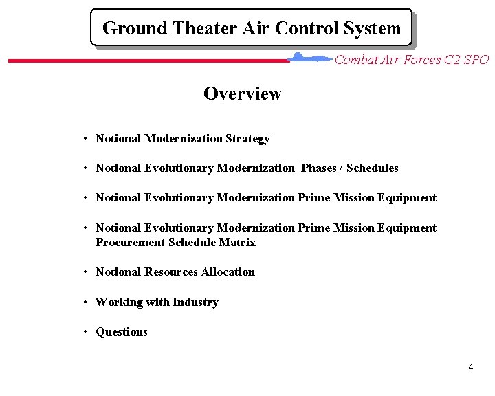 Ground Theater Air Control System Combat Air Forces C 2 SPO Overview • Notional