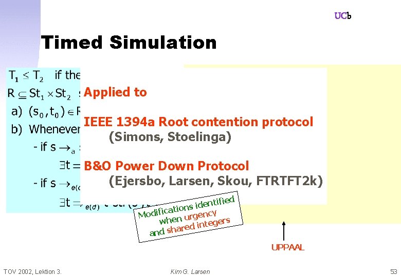 UCb Timed Simulation Applied to IEEE 1394 a Root contention protocol (Simons, Stoelinga) B&O