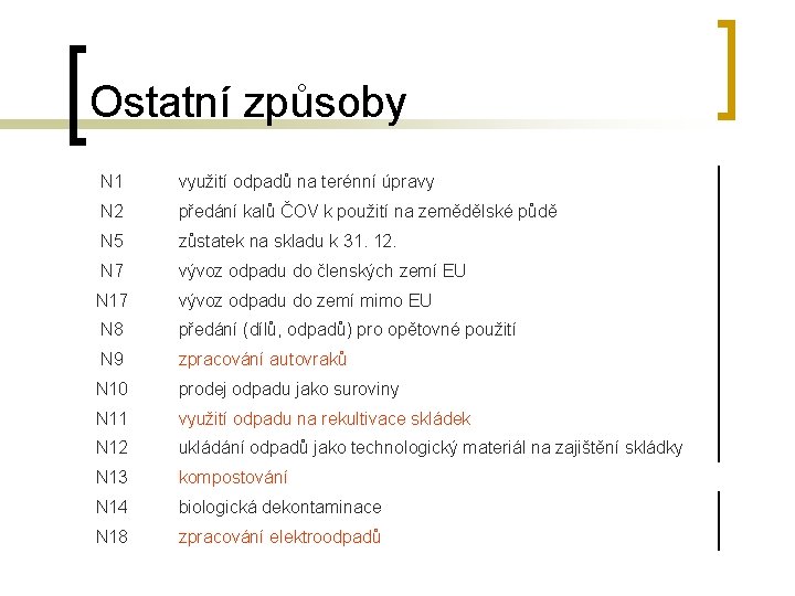 Ostatní způsoby N 1 využití odpadů na terénní úpravy N 2 předání kalů ČOV