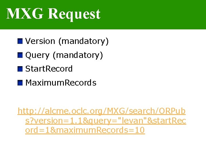 MXG Request Version (mandatory) Query (mandatory) Start. Record Maximum. Records http: //alcme. oclc. org/MXG/search/ORPub