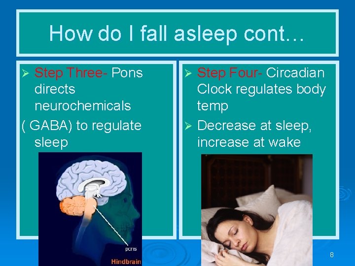 How do I fall asleep cont… Step Three- Pons directs neurochemicals ( GABA) to