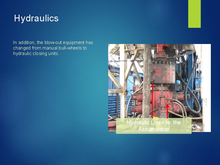 Hydraulics In addition, the blow-out equipment has changed from manual bull-wheels to hydraulic closing