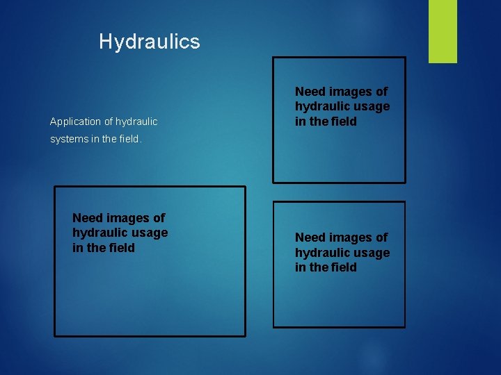 Hydraulics Application of hydraulic Need images of hydraulic usage in the field systems in