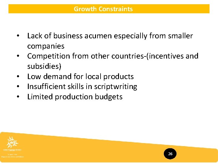Growth Constraints • Lack of business acumen especially from smaller companies • Competition from