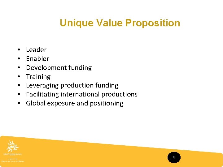 Unique Value Proposition • • Leader Enabler Development funding Training Leveraging production funding Facilitating