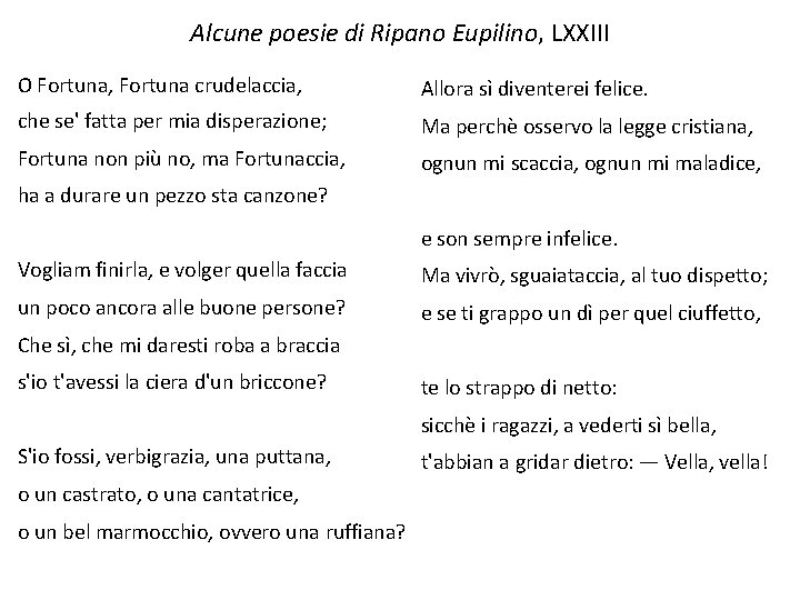 Alcune poesie di Ripano Eupilino, LXXIII O Fortuna, Fortuna crudelaccia, Allora sì diventerei felice.