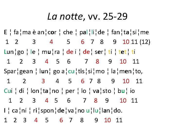 La notte, vv. 25 -29 E ¦ fa¦ma è an¦cor ¦ che ¦ pal¦li¦de