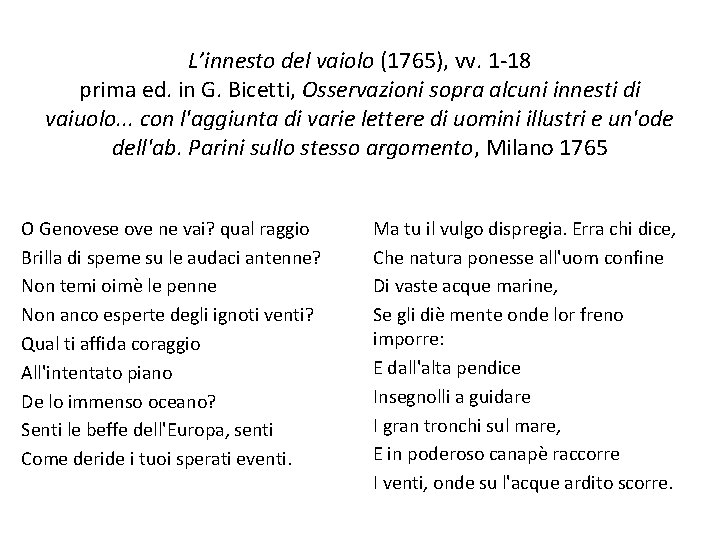 L’innesto del vaiolo (1765), vv. 1 -18 prima ed. in G. Bicetti, Osservazioni sopra