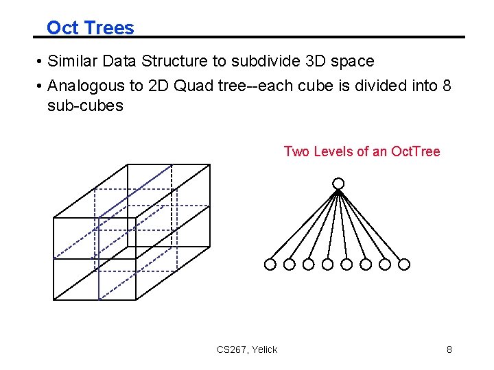 Oct Trees • Similar Data Structure to subdivide 3 D space • Analogous to Oct Trees • Similar Data Structure to subdivide 3 D space • Analogous to