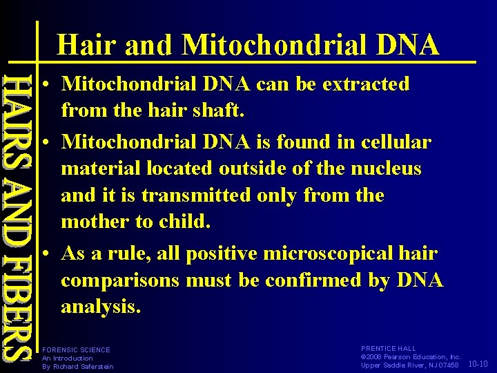 Hair and Mitochondrial DNA • Mitochondrial DNA can be extracted from the hair shaft.