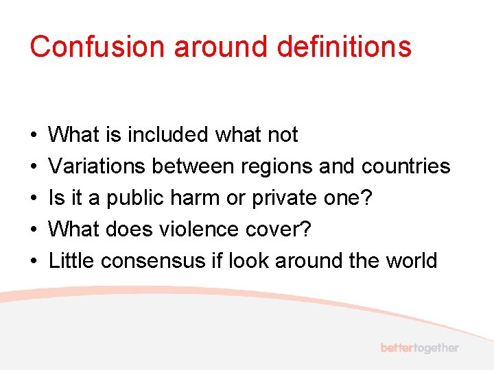 Confusion around definitions • • • What is included what not Variations between regions