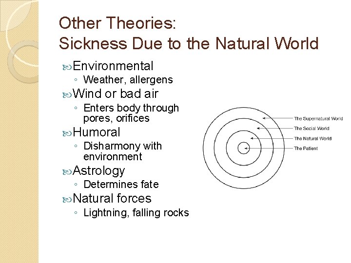 Other Theories: Sickness Due to the Natural World Environmental ◦ Weather, allergens Wind or