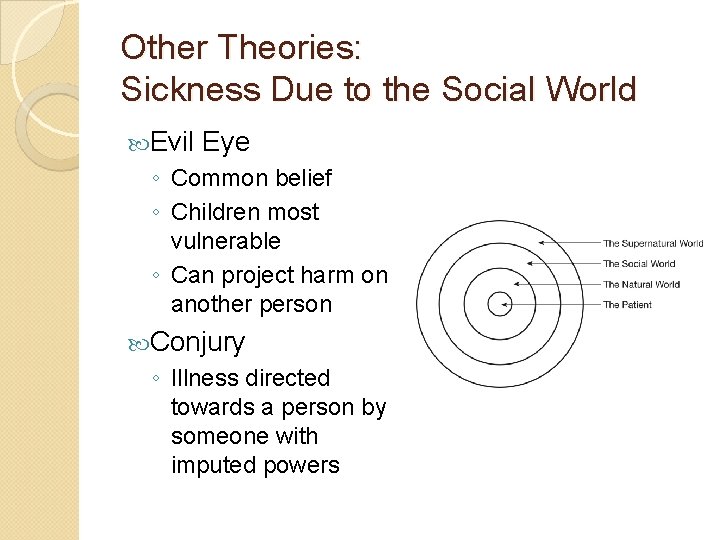 Other Theories: Sickness Due to the Social World Evil Eye ◦ Common belief ◦