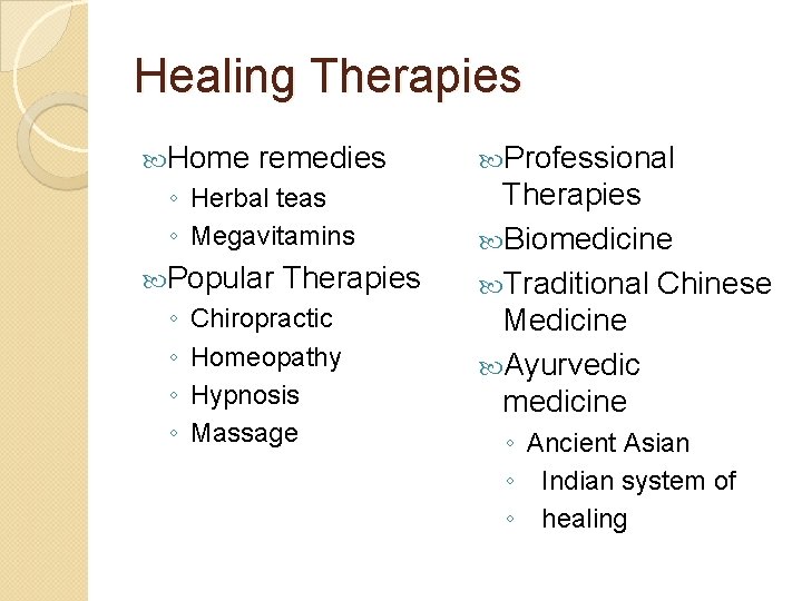 Healing Therapies Home remedies ◦ Herbal teas ◦ Megavitamins Popular ◦ ◦ Therapies Chiropractic