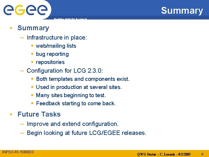 Summary Enabling Grids for E-scienc. E • Summary – Infrastructure in place: web/mailing lists