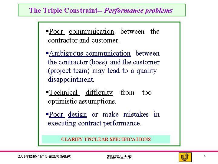 The Triple Constraint-- Performance problems §Poor communication between the contractor and customer. §Ambiguous communication
