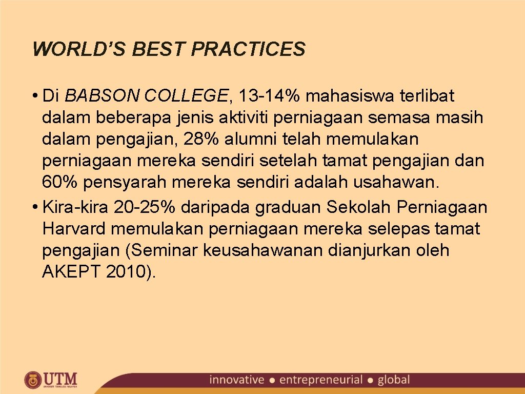 WORLD’S BEST PRACTICES • Di BABSON COLLEGE, 13 -14% mahasiswa terlibat dalam beberapa jenis