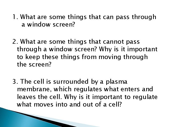 1. What are some things that can pass through a window screen? 2. What