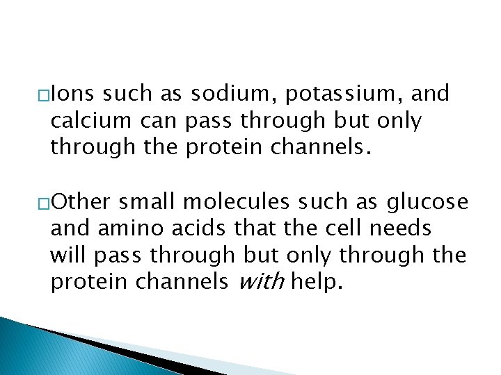�Ions such as sodium, potassium, and calcium can pass through but only through the