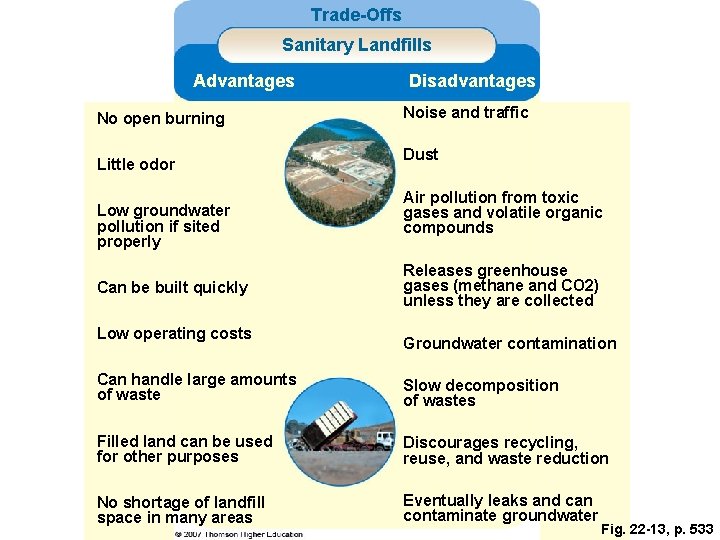 Trade-Offs Sanitary Landfills Advantages No open burning Little odor Low groundwater pollution if sited