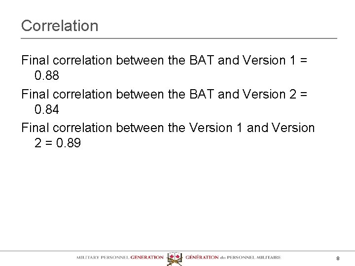 Correlation Final correlation between the BAT and Version 1 = 0. 88 Final correlation