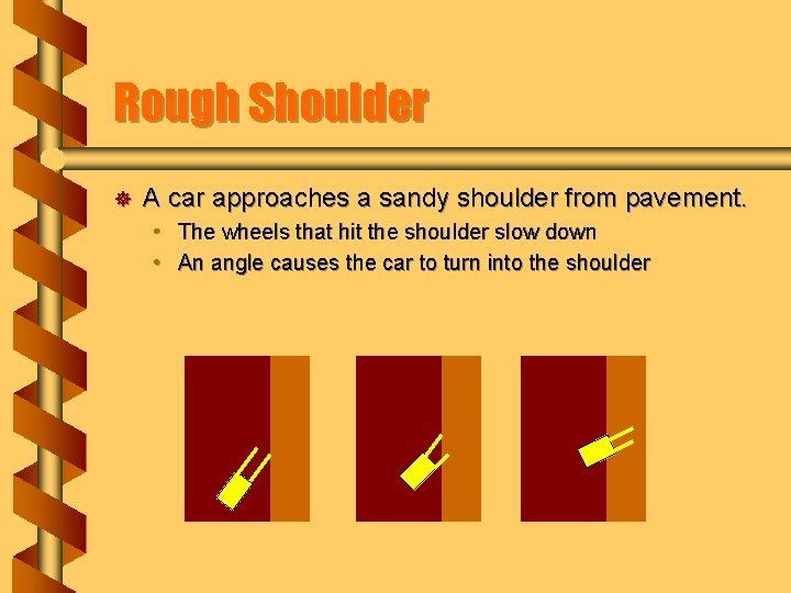 Rough Shoulder ] A car approaches a sandy shoulder from pavement. • The wheels