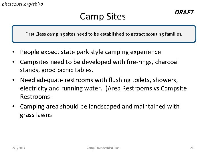 phcscouts. org/tbird Camp Sites DRAFT First Class camping sites need to be established to