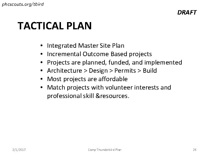 phcscouts. org/tbird DRAFT TACTICAL PLAN • • • 2/1/2017 Integrated Master Site Plan Incremental