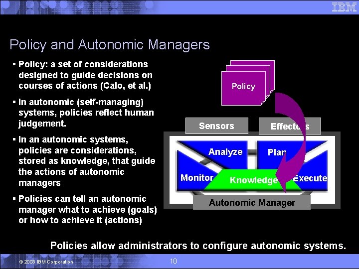 Policy and Autonomic Managers § Policy: a set of considerations designed to guide decisions