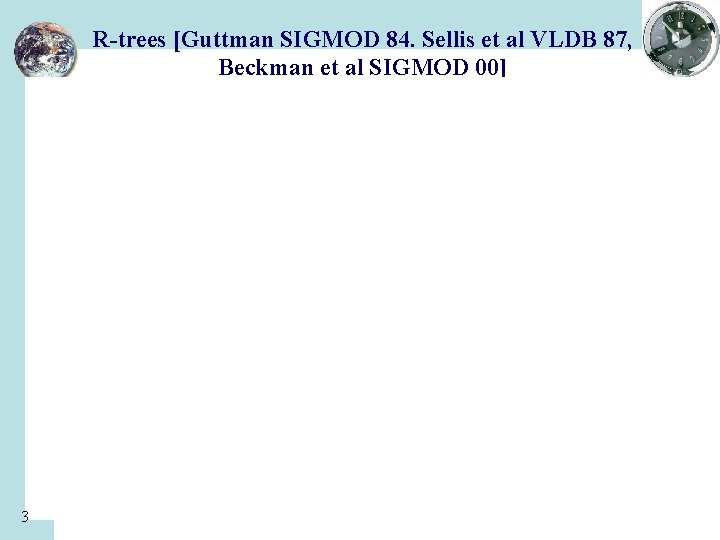 R-trees [Guttman SIGMOD 84. Sellis et al VLDB 87, Beckman et al SIGMOD 00]