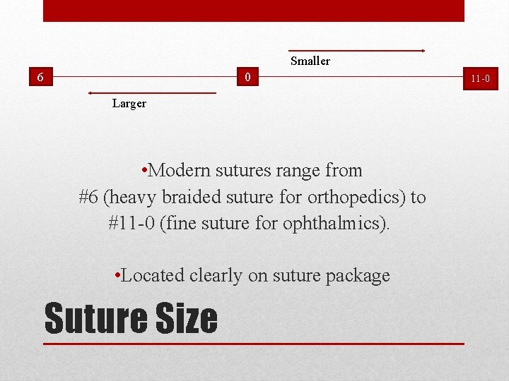 Smaller 6 0 Larger • Modern sutures range from #6 (heavy braided suture for