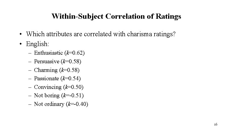 Within-Subject Correlation of Ratings • Which attributes are correlated with charisma ratings? • English: