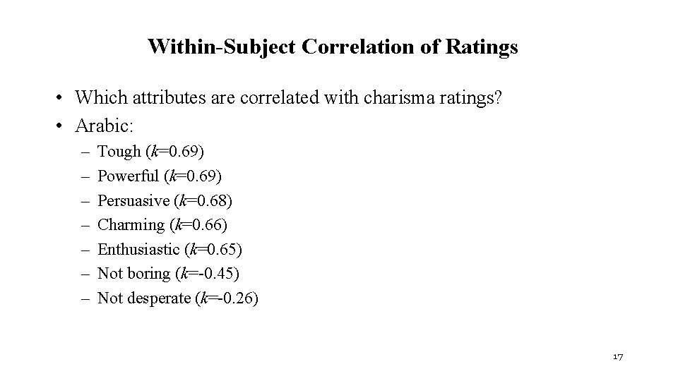 Within-Subject Correlation of Ratings • Which attributes are correlated with charisma ratings? • Arabic:
