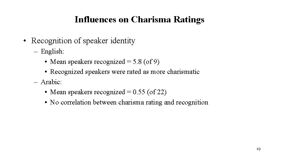 Influences on Charisma Ratings • Recognition of speaker identity – English: • Mean speakers