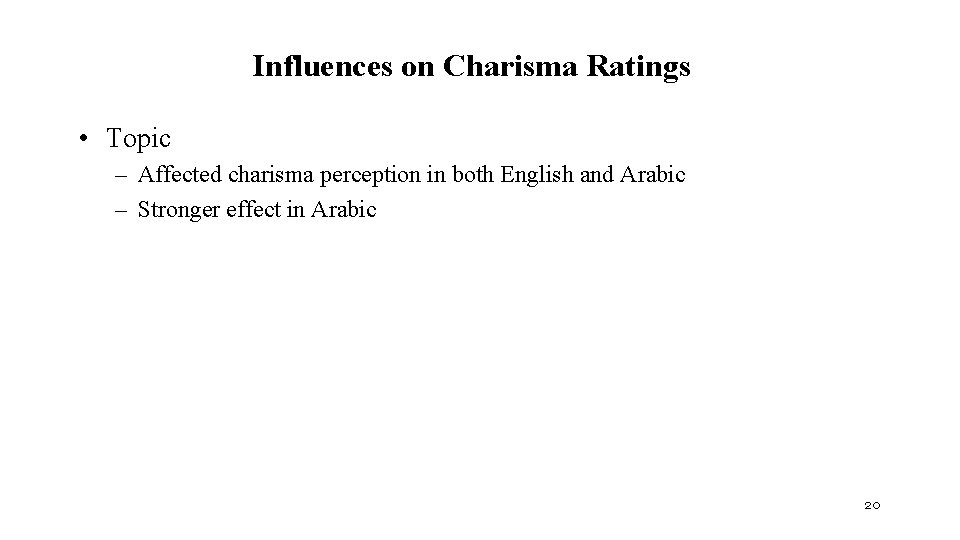 Influences on Charisma Ratings • Topic – Affected charisma perception in both English and